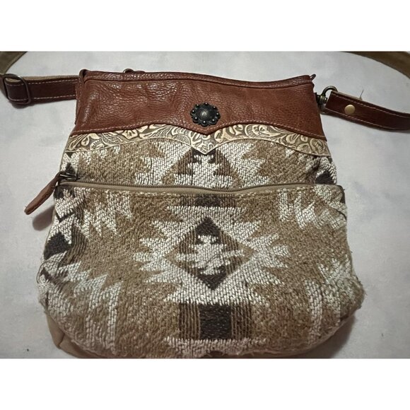 Myra Brown & Beige Boho Crossbody Bag Geometric Pattern Adjustable Strap Leather - Picture 2 of 14